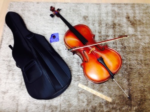 A package deal: cello, bow, T, rosin, and case.